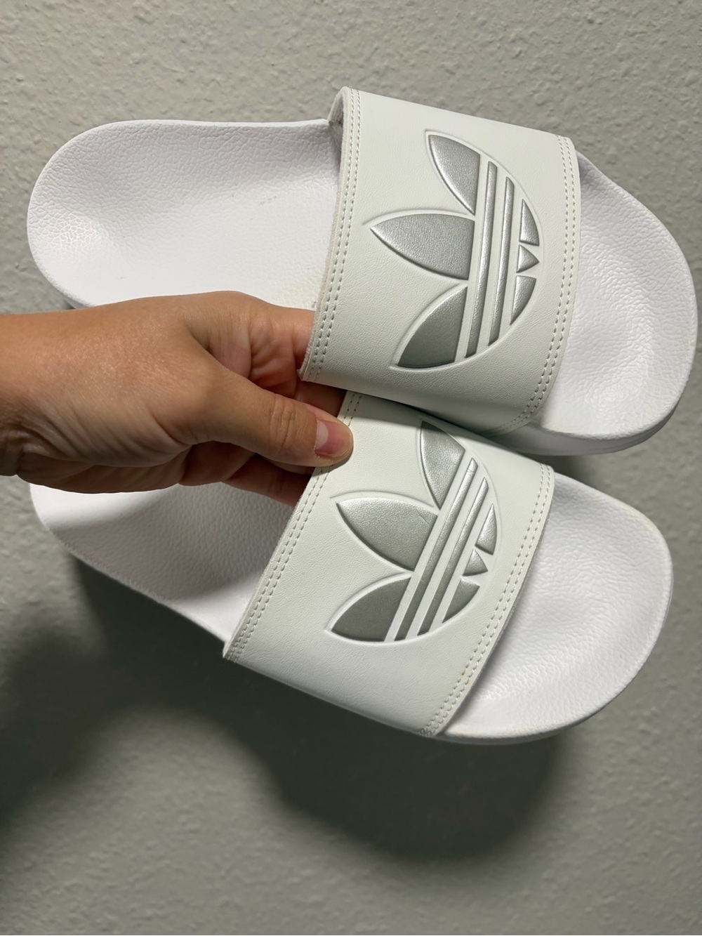 adidas White Slide Sandals with Silver Trefoil Logo - Women's